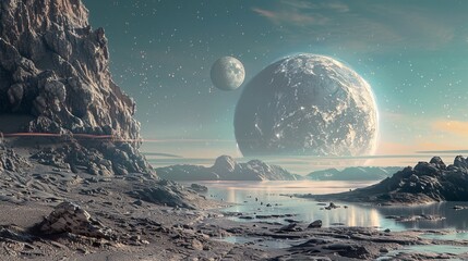 An alien planet can be viewed with its own moon as the backdrop. Sci-fi idea, imagination. 3D image - obrazy, fototapety, plakaty