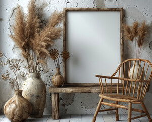 Vintage interior with wooden chair, rustic bench, blank frame, and dried pampas grass in vases against a textured wall.