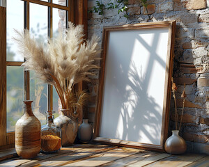 Cozy interior with blank canvas on a brick wall, vases, and dried pampas grass, bathed in natural...