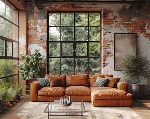Cozy living room with a plush orange sofa, large window, brick walls, and green plants, creating a warm, inviting interior space.