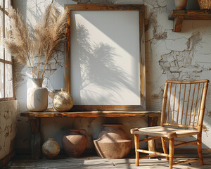 Cozy interior with vintage map, wooden chair, and rustic decor in natural light.