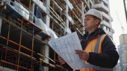 An architect inspects a building site while reviewing blueprints, ensuring the construction process aligns with architectural plans.