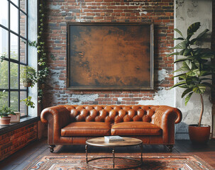 Vintage interior with leather sofa, round table, and empty frame on a brick wall, with natural...