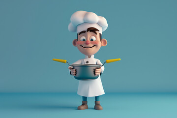 Cartoon character with a cooking pot in a 3D render.