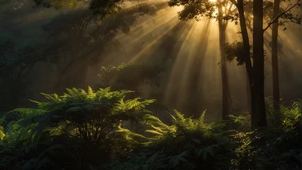 Photo sur Plexiglas Matin avec brouillard sun rays in the forest