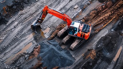 An orange construction machine is digging and moving gravel on a construction site.