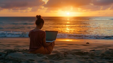 woman engrossed in her work on a laptop, seated on a sandy beach with the soothing sound of ocean waves in the background