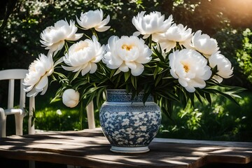 An up-close look of a sunlit garden bench with a porcelain vase filled with white peonies.