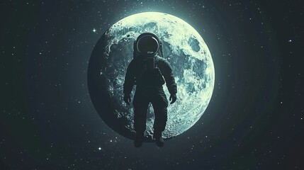 Astronaut hovering above the moon - Digital illustration of a space-suited figure from a science fiction universe surrounded by stars in deep space.