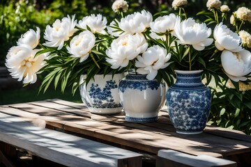 an up close look at a white peony-filled porcelain vase sitting on a garden bench in the sun.