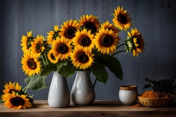 A photo of a bunch of sunflowers in a chic ceramic vase, adding warmth to a contemporary kitchen 