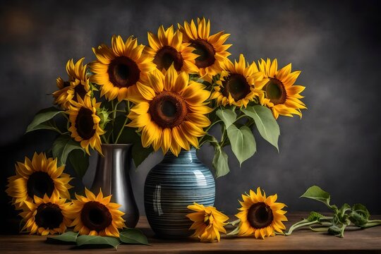 a picture of a sunflower arrangement in a chic ceramic vase that adds warmth to a contemporary kitchen 