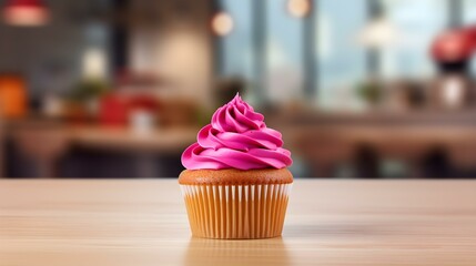 Close up of a magenta Cupcake on a wooden Table. Blurred Kitchen Interior Background