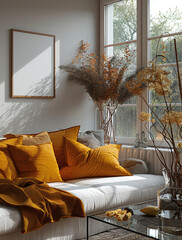 Cozy living room with sunlight, featuring a white sofa with yellow cushions, a glass coffee table, and decorative dried plants.