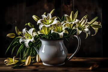 A snapshot of a bouquet of lilies in a rustic enamelware pitcher on a farmhouse table