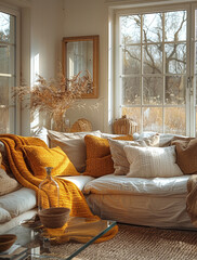 Cozy living room bathed in warm sunlight with comfortable sofa, cushions, and autumnal decor.