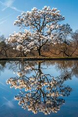 At the edge of the pond, a magnolia tree is in full bloom with white magnolia flowers.