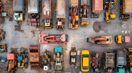 Construction site parking lot filled with various colorful industrial machinery, heavy equipment, and commercial vehicles for rent or sale, against the backdrop of a warehouse building.