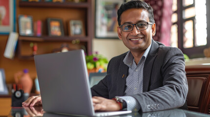 A smiling man working on a laptop at a home office desk.