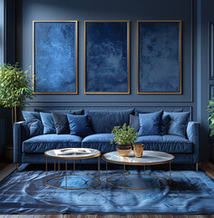 Elegant living room with blue velvet sofa, matching wall and rug, gold-framed artwork, and modern coffee tables.
