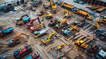 Construction site parking lot filled with various colorful industrial machinery, heavy equipment, and commercial vehicles for rent or sale, against the backdrop of a warehouse building.