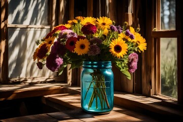An image of a sunlit farmhouse windowsill featuring a mixed-flower bouquet in a vintage mason jar vase 