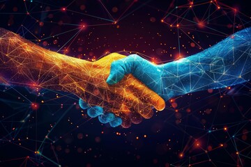 Crypto handshake symbolizing financial prosperity and technology, abstract digital art illustration - obrazy, fototapety, plakaty