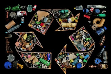 Creative recycling logo composed of various recyclable items, promoting environmental responsibility and sustainability - obrazy, fototapety, plakaty