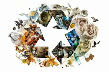 Creative recycling logo composed of various recyclable items, promoting environmental responsibility and sustainability
