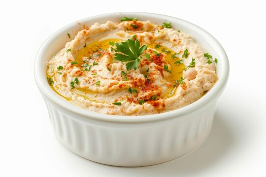Creamy homemade hummus dip in white ceramic bowl, made with blended chickpeas, tahini, garlic, lemon juice and olive oil, garnished with paprika and parsley, isolated on white