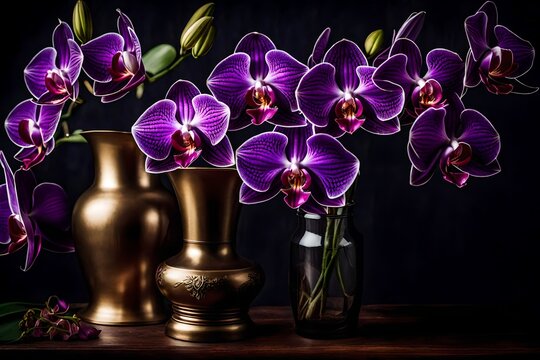 An image of a vintage brass vase loaded with purple orchids that adds a vintage touch to a traditional study 