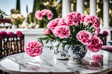 an up-close view of a pink carnation-filled porcelain vase resting atop an outdoor bistro table covered in marble.