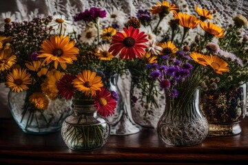 A close-up of a glass vase full with different wildflowers on a dresser covered in old lace, showcasing the exquisite intricacies of the object.