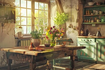 Cozy farmhouse kitchen interior with rustic wooden table and fresh flowers, digital painting
