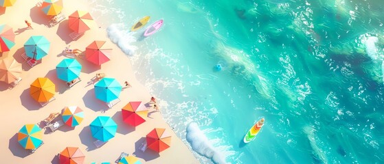Beach scene in isometric 3D retro holiday vibe with colorful umbrellas surfboards and families enjoying the sun - obrazy, fototapety, plakaty