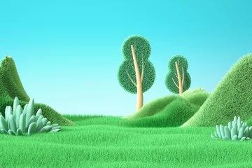 Poster A lush green field with two trees in the foreground. The sky is blue and clear, and the scene is peaceful and serene © nip3D