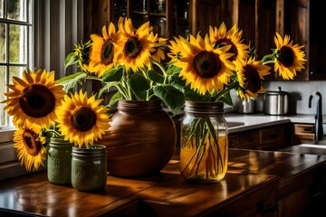 a picture of a colorful sunflower arrangement in a rustic mason jar vase that gives a farmhouse kitchen a little bit of the great outdoors