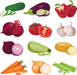 Set of berries and fruits, vegetables on a white background. Vector icon	
