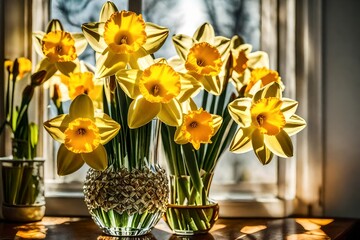 A macro shot capturing the intricate details of a bouquet of daffodils in a crystal vase on a sunlit windowsill 