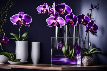 a picture shows a tall, thin vase on a sleek, contemporary shelf that is loaded with vivid purple...