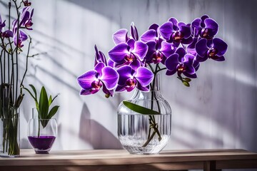 An image shows a tall, thin vase with vivid purple orchids on a sleek, contemporary shelf