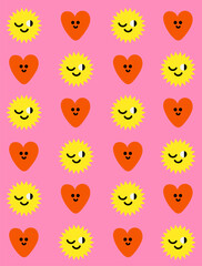 Red love heart seamless pattern illustration. in trendy retro 90s 00s cartoon style. Set Of Cool Retro Stickers Vector Design. Cool Y2K Stickers
