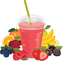 Plastic cups with smoothies, fruits and vegetables. Vector composition