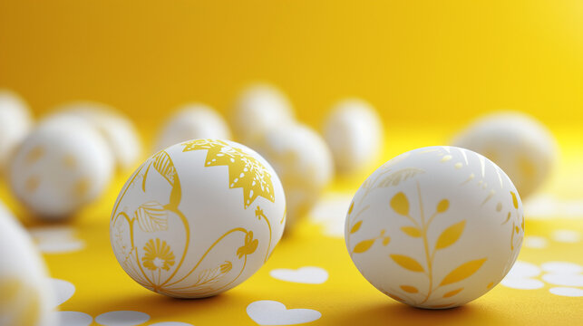  Close up view of beautiful decorated easter eggs on yellow background,