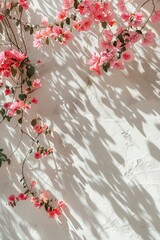 White wall, pink flowers hanging on the branches, sunlight shining through the window onto them, 