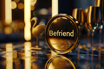 Gold badge or symbol with the word "Befriend" and a like icon within.