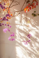 White wall, purple flowers hanging on the branches, sunlight shining through the window onto them, 