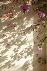 White wall, purple flowers hanging on the branches, sunlight shining through the window onto them, 