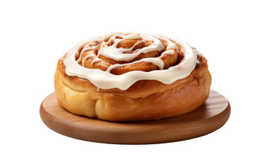 A mouthwatering cinnamon roll rests serenely atop a rustic wooden plate