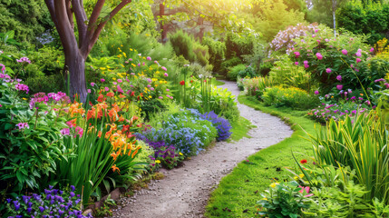 Flower filled garden path surrounded